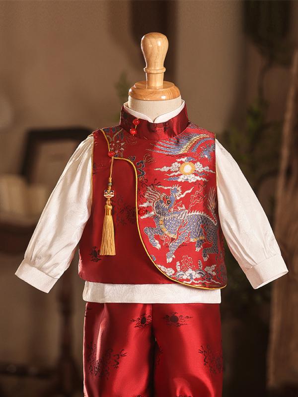 ベビーフォーマル 男の子 中華風 唐装 セットアップ 麒麟 初誕生日祝い 一歳バースデー 記念撮影 発表会 七五三 長袖 春 ポリエステル素材 レギュラーフィット 龍柄 金糸刺繍