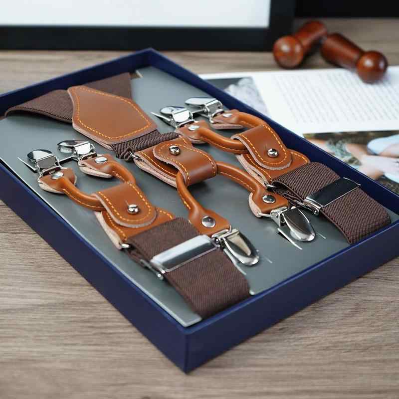サスペンダー メンズ 男性 紳士 本革 牛革 レザー 吊りバンド 強力クリップ 6点留め 滑り止め 大きいサイズ 英国風 レトロ クラシック 編み込み ゴム シャツ スラックス スーツ ビジネス カジュアル フォーマル 大人