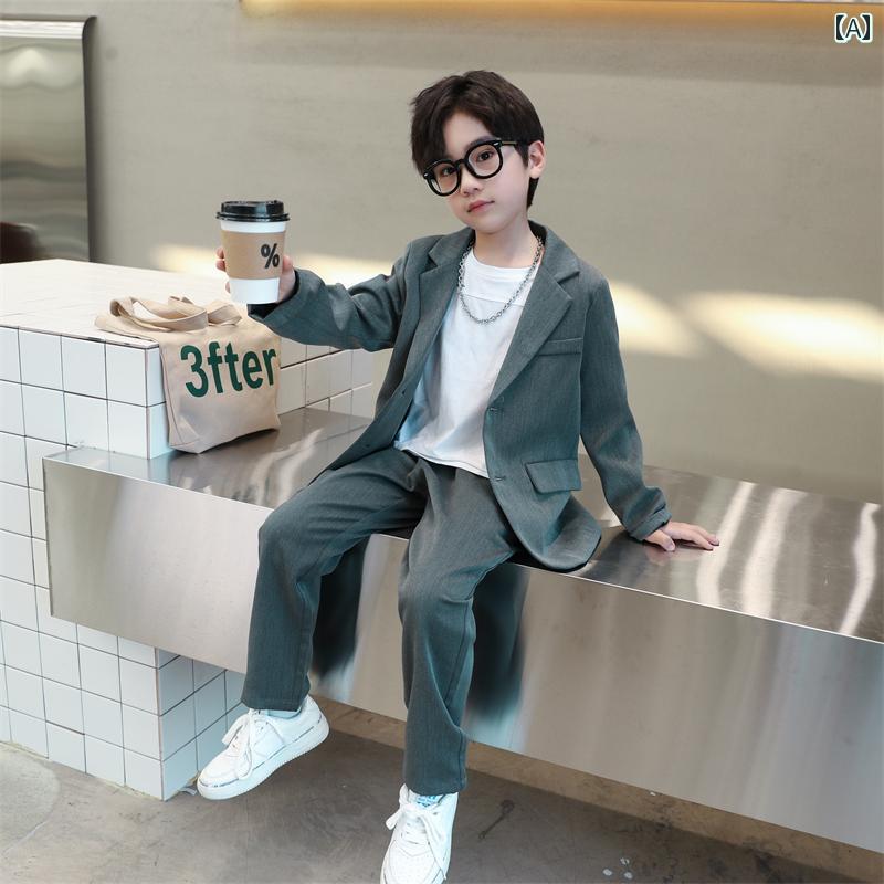 スーツ 男の子 ジュニア セットアップ 韓国 イングリッシュ カジュアル フォーマル 発表会 結婚式 入学式 卒業式 礼服 綿混 シングルブレスト 無地 春秋 黒 灰色