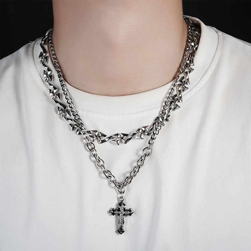 ネックレス メンズ ダブルレイヤー 重ね付け クロス チタン鋼 ステンレス 色落ちしない 鎖骨チェーン ..