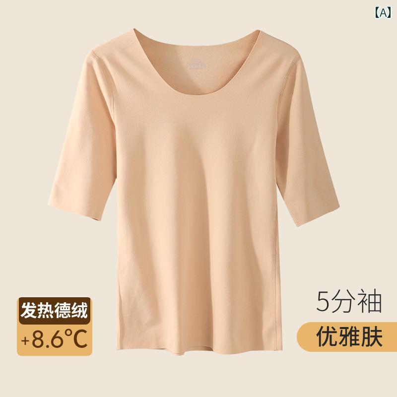 ・スタイル: シンプル・生地: 発熱繊維・素材構成: 綿46%、アクリル24%、再生繊維24%、ポリウレタン6%・厚さ: 厚手・機能: 保温・袖丈: 5分袖・ネックライン: クルーネック・柄: 無地・性別: レディース・サイズ展開: M, L, XL, XXL, XXXL・カラー展開: スキンカラー, ブラック, ホワイト, ピンク, パープル, グレー, キャメル, ワインレッド