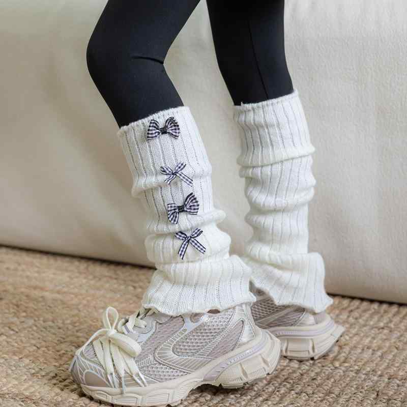 レッグウォーマー 女の子 ベビー 3-10歳 春秋冬 韓国 ニット ソックスカバー リボン ルーズソックス ニーハイ ミドル丈 ブラック グレー ホワイト