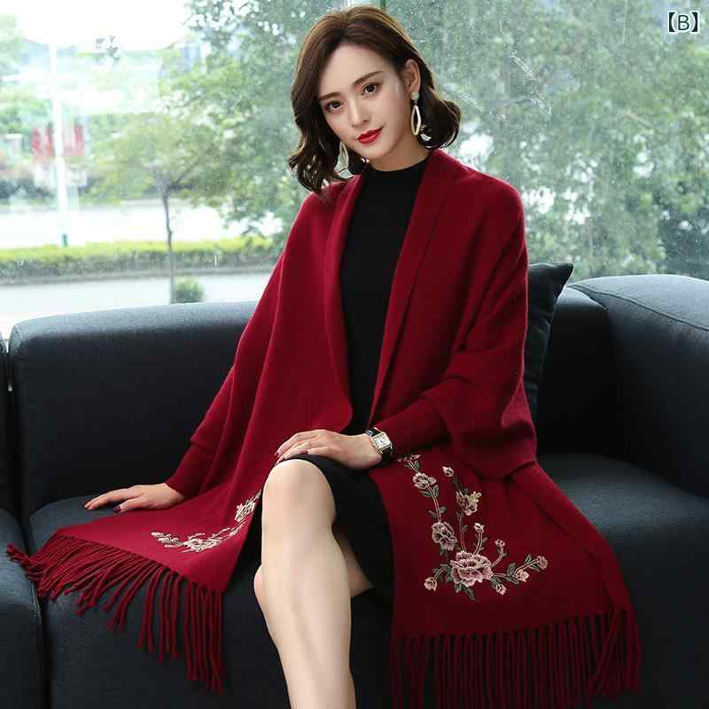 ケープ レディース チャイナドレス ショール 袖付き ポンチョ ウール 厚手 暖かい 防寒 羽織り スカーフ マフラー 2way 刺繡 花柄 秋冬 赤 ワインレッド 黒