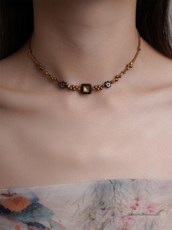 ネックレス レディース 南書 レトロ ヴィンテージ風 個性的 ユニーク 鎖骨チェーン チョーカー ショートネックレス ガラス クリスタル 粟ブラウン 黒 金 上品 カジュアル 普段使い プレゼント