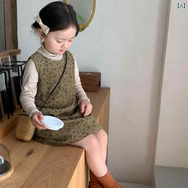 フロントップ楽天市場店のセットアップ 女の子 ガールズ キッズ ベビー 春夏 韓国 おしゃれ かわいい コーデュロイ ジャンパースカート Aライン 小花柄 トップス カットソー ポリエステル 2点セット カーキ 普段使い お出かけ 通園 カジュアル｜アングル2