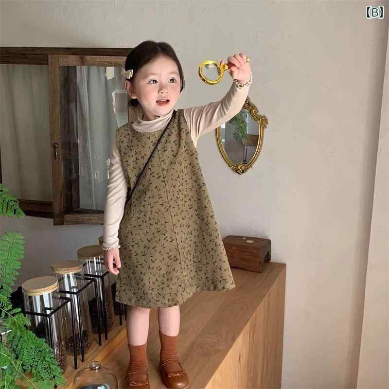 フロントップ楽天市場店のセットアップ 女の子 ガールズ キッズ ベビー 春夏 韓国 おしゃれ かわいい コーデュロイ ジャンパースカート Aライン 小花柄 トップス カットソー ポリエステル 2点セット カーキ 普段使い お出かけ 通園 カジュアル｜アングル3