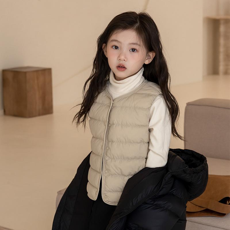 Coat - ベスト 女の子 キッズ ジュニア ダウンジレ 保温 軽量 薄手 防寒 ダウン 秋冬 普段使い 通園 通学 カジュアル 小学生 中学生 カーキ 黒 白