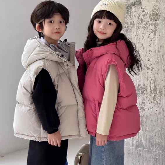 Coat - ダウンベスト キッズ 男の子 女の子 ジュニア フード付き アウター 韓国 ゆったり 厚手 ダウン ポリエステル 秋冬 防寒 保温 普段使い 通学 通園 カジュアル 暖かい ピンク アイボリー ブラック