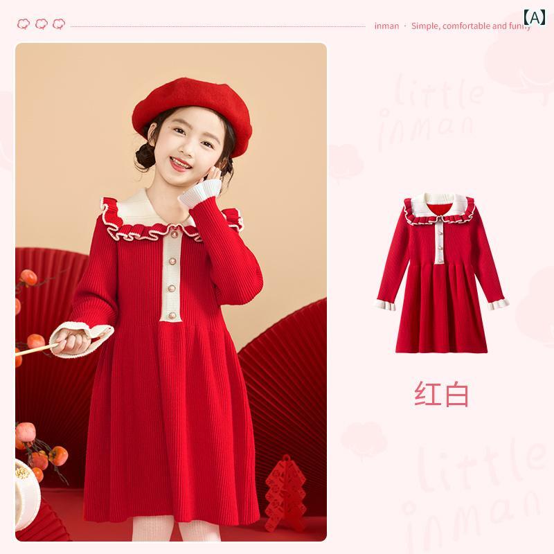 ワンピース 女の子 キッズ ニットワンピース 秋冬 フリル 長袖 Aライン ミディ丈 ...
