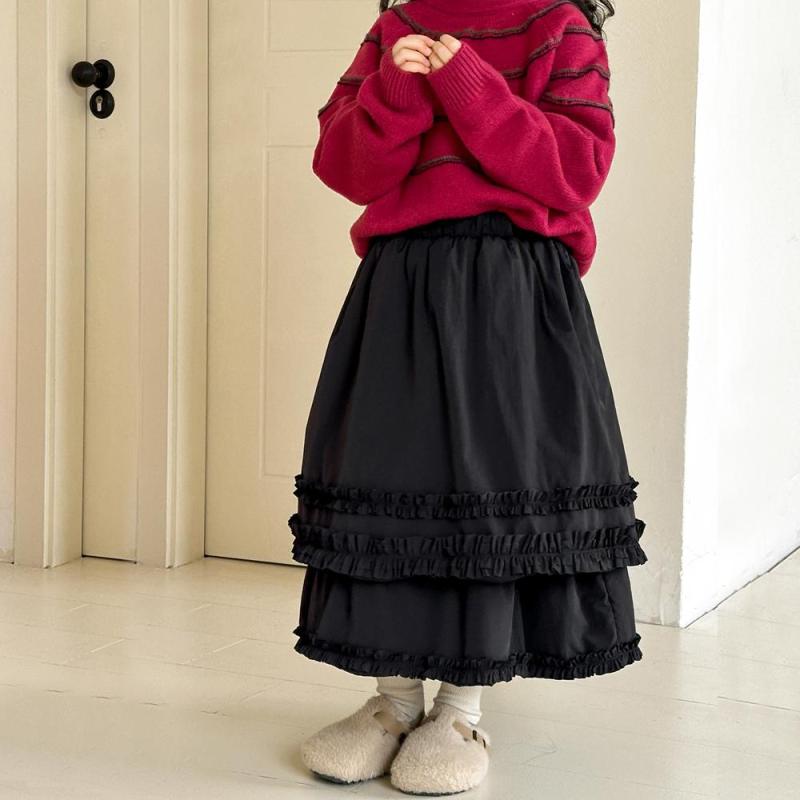 スカート 女の子 キッズ ジュニア 厚手 コットン 綿 保温 あったか カジュアル ゆったり 無地 ロング丈 プリンセス レース フリル 黒 秋冬