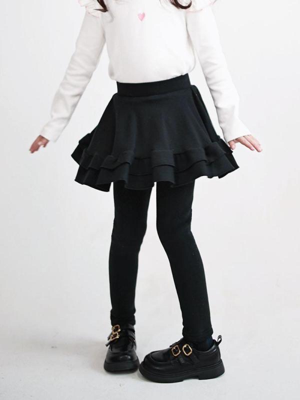 スカートパンツ 女の子 キッズ ベビー 秋冬 裏起毛一体型 厚手 保温 暖かい フェイクレイヤード キュロット レギンス スパッツ ロング丈 スリム カジュアル ニット素材 ゴムウエスト 伸縮性 黒 グレー