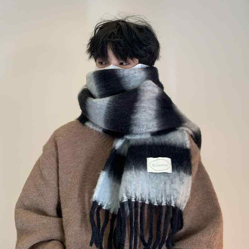 Cashmere - マフラー メンズ 秋冬 厚手 ボリューム感 保温 暖かい 柔らかい 肌触り快適 ポリエステル ロング フリンジ 横縞 ボーダー 配色 バイカラー 黒灰 青緑 茶 カジュアル おしゃれ 通勤 通学 デイリー