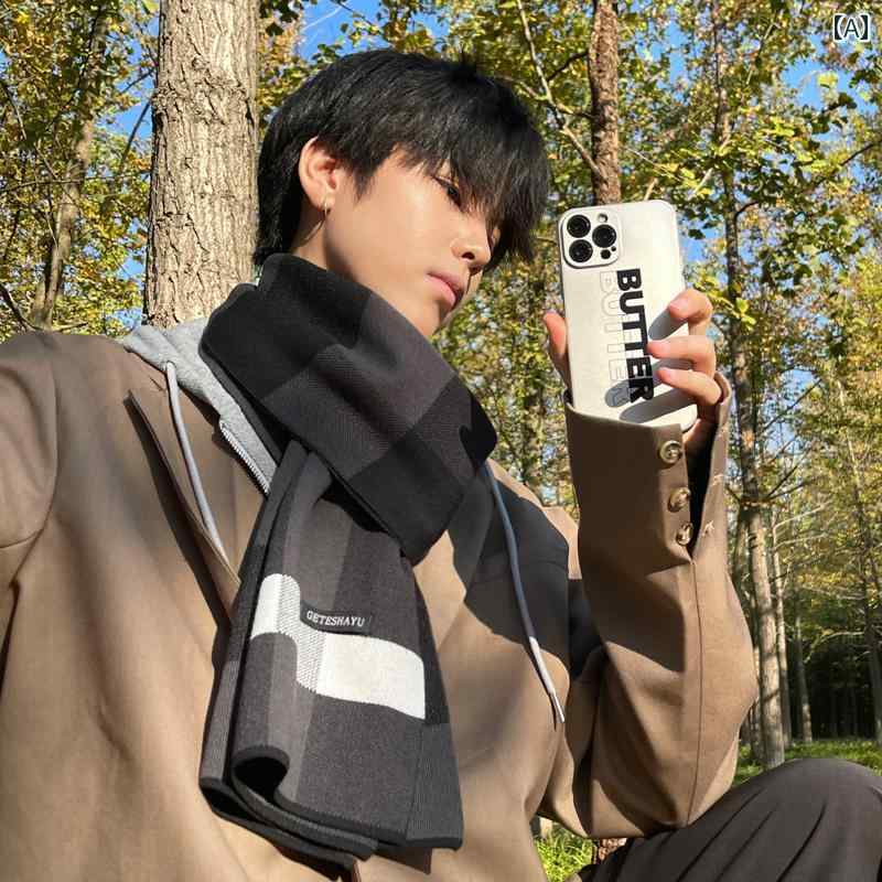 壓克力 - マフラー メンズ レディース ストール 襟巻き ウール ニット チェック柄 格子柄 保温 防寒 暖かい 上品 コーデしやすい 万能 通学 普段使い カジュアル 秋冬 長方形 学生 黒 ベージュ ダークグレー