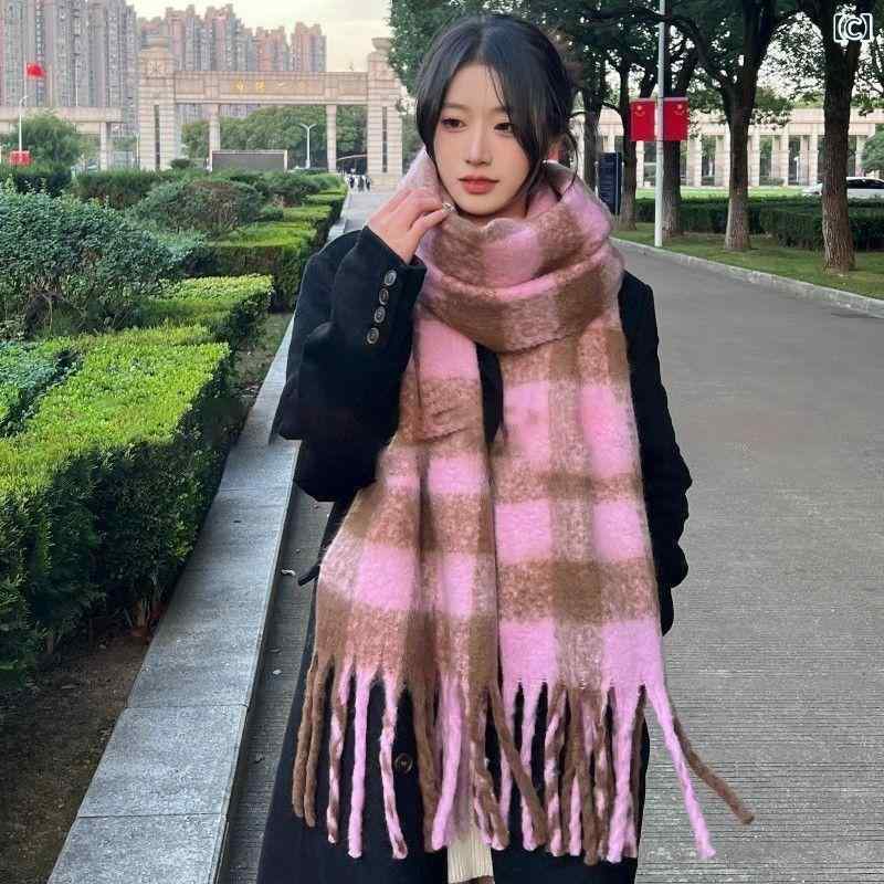マフラー メンズ レディース 韓国 ストール ショール ポリエステ モヘアタッチ 防寒 保温 蓄熱 大判 厚手 肉厚 柔らか 肌触り モノトーン チェック柄 格子柄 通勤 通学 オフィス カジュアル