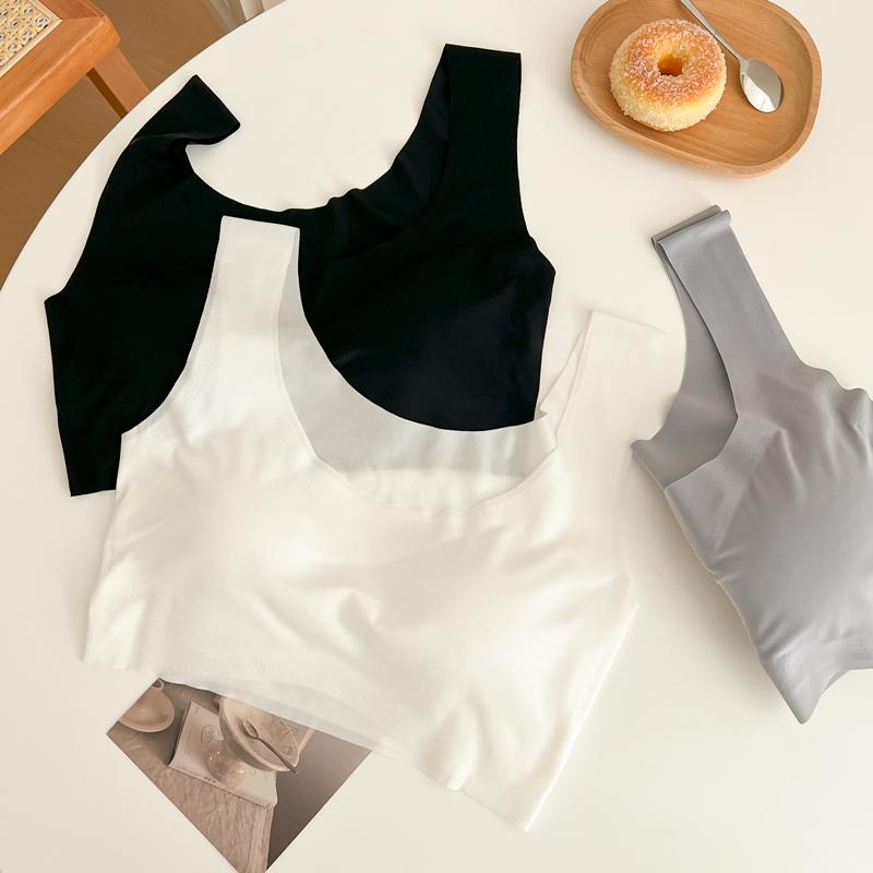 スポーツブラ ジュニア レディース ノンワイヤー シームレス 接触冷感 薄手 通気性 バストアップ ハーフトップ ホックなし 無地 黒 白 グレー セット シンプル