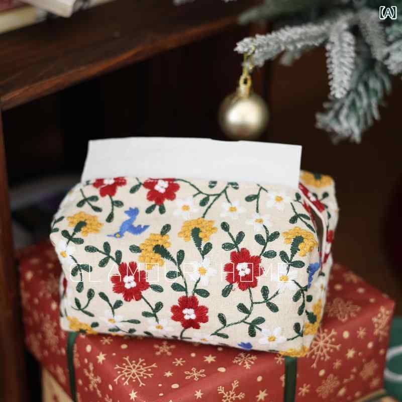 ティッシュケース 重厚刺繍 綿麻 ファブリック 布製 リビング 居間 卓上 デスクトップ 車載用 車内用 おしゃれ インテリア 抽き出し式 花柄