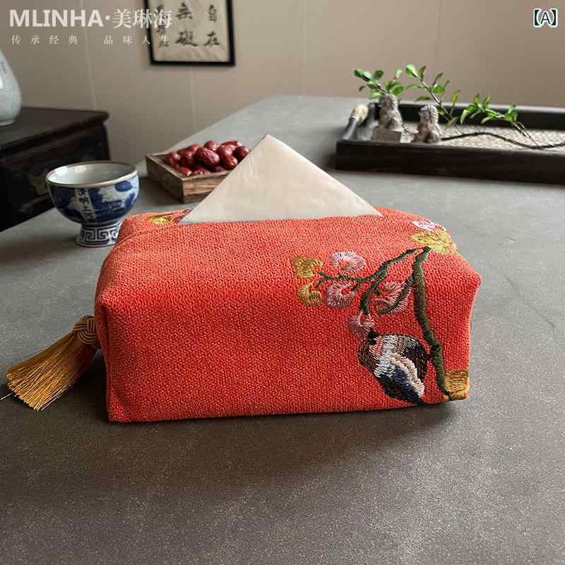 ティッシュケース モダンチャイニーズスタイル 花鳥刺繍 綿麻 リネンコットン ファブリック 布製 桃の..