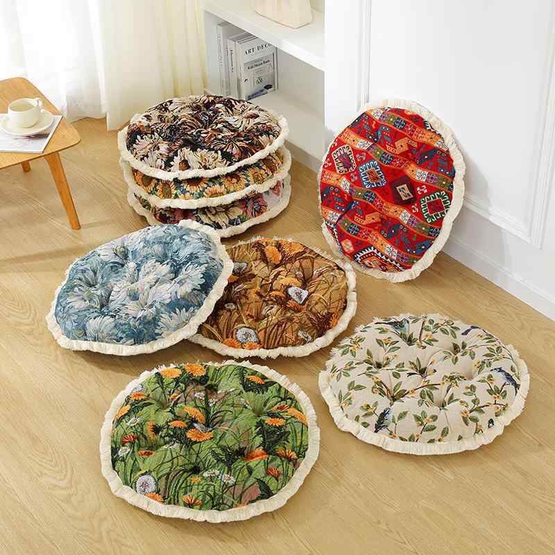 座布団 円形 クッション 丸型 アメリカンレトロ ボヘミアン カントリースタイル ダイニングチェア スツール 椅子 フロアクッション リビング 来客用 混紡素材 花柄 小鳥柄 ひまわり タンポポ