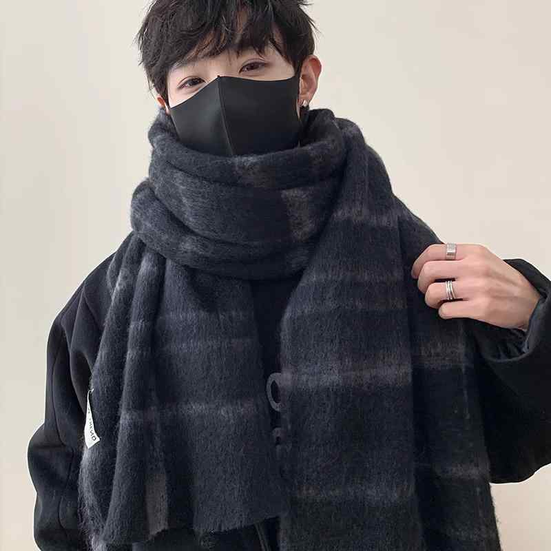 マフラー メンズ レディース ネックウォーマー 多機能 チェック柄 保温 防寒 ペア カップル 長方形 韓国 春秋冬 黒 黒灰 カフェブラウン