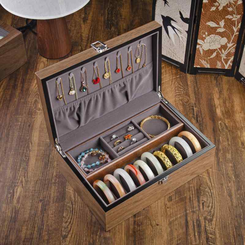 ジュエリーボックス ウォールナット材 二段 家庭用 一体型 ブレスレット ネックレス 指輪 リング アク..