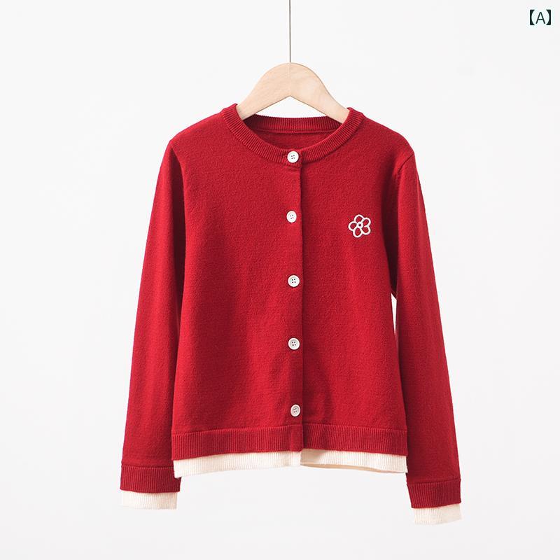 フロントップ楽天市場店のニットカーディガン レディース 女の子 親子 秋冬 刺繍 動物 カジュアル かわいい シンプル フェイクレイヤード トップス 羽織り アクリル混紡 襟付き 長袖 ゆったり 普段使い 通学 お出かけ 赤 灰｜アングル2