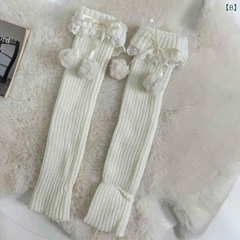 レッグウォーマー レディース 女性用 ポンポン リボン レース フリル かわいい ニット くしゅくしゅ ルーズソックス風 ショート丈 厚手 コーマ綿 レイヤード 重ね着 秋冬 カーキ ミルクホワイト ブラック
