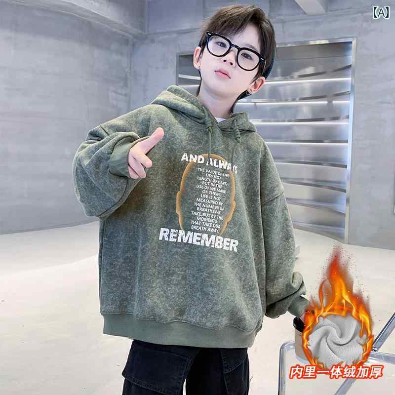 Other - キッズ 男の子 トレーナー スウェット パーカー 裏ボア フード付き 厚手 暖かい 保温 プルオーバー キャラクター柄 秋冬 カジュアル 普段使い 黒 緑