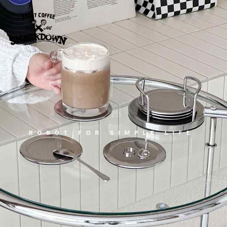 コースター ステンレス 韓国インテリア 北欧風 レトロ アンティーク調 円形 丸型 グラス コーヒーカップ マグカップ用 おしゃれ 立体 サークル 食卓 滑り止め 保護 5個セット