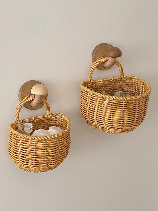 バスケット かご ラタン調 編み込み 壁掛け 手提げ レトロ ヴィンテージ風 キッチン収納 小物入れ 野菜..