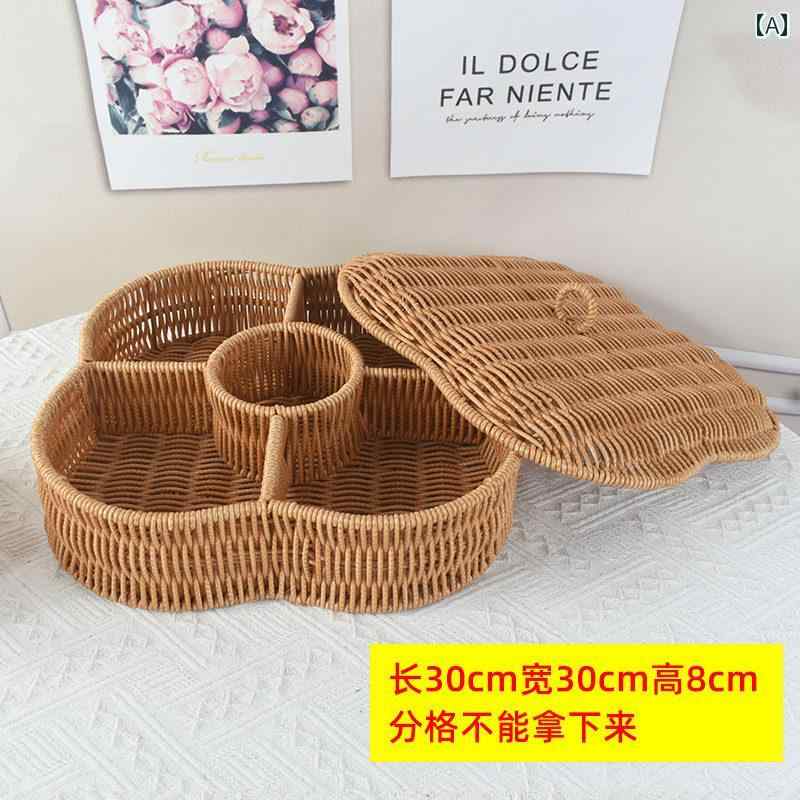 収納バスケット 籐編み風 蓋付き 仕切り付き 卓上 ドライフルーツ お菓子 フルーツ ギフト ボックス 小物入れ レトロ シンプル 2
