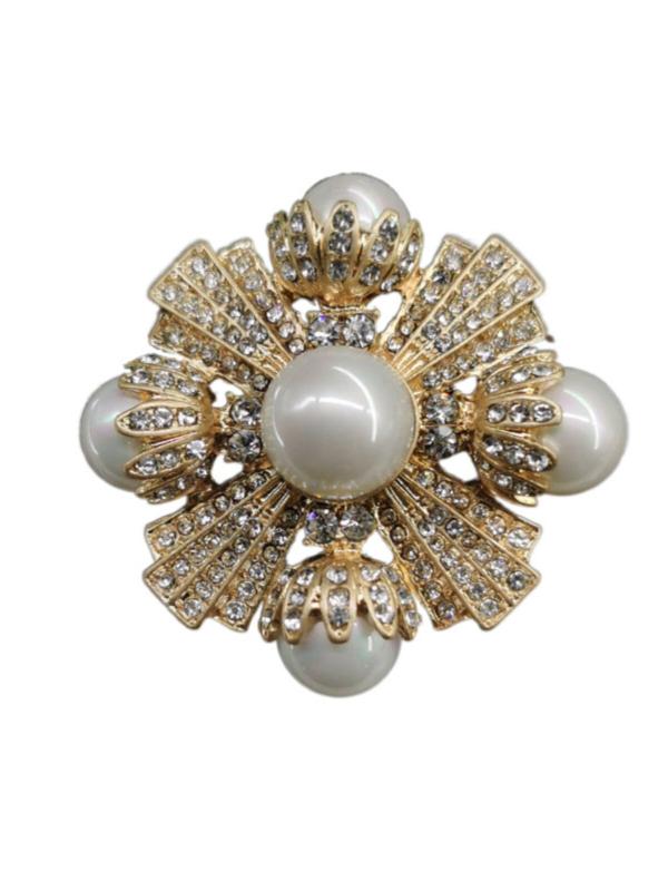 Button - 飾りボタン 上品 合金製 フラワー 花形 ジルコニア ラインストーン パール装飾 コート ジャケット アウター 服飾 手芸 リメイク 釦 ゴールド