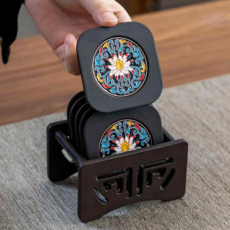 コースター 茶托 茶道 ベークライト 七宝焼風 エナメル彩 断熱 耐熱 オフィス 功夫茶器 セット 四角 丸..