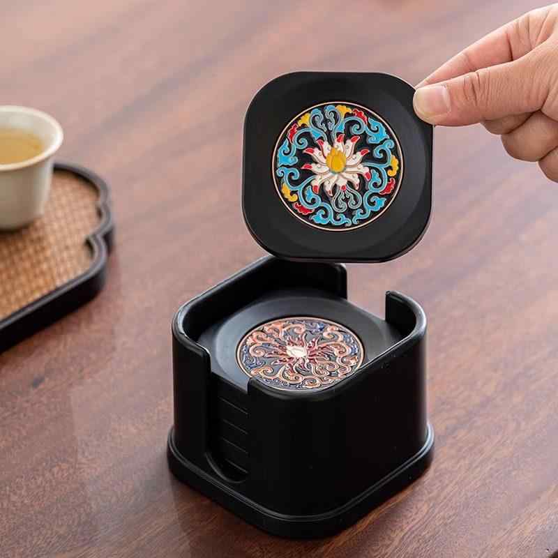 コースター 茶器用 ティーマット 電木 七宝焼き エナメル彩 耐熱 断熱 やけど防止 功夫茶器 茶道 オフィス カップマット 茶杯置き セット 揃い