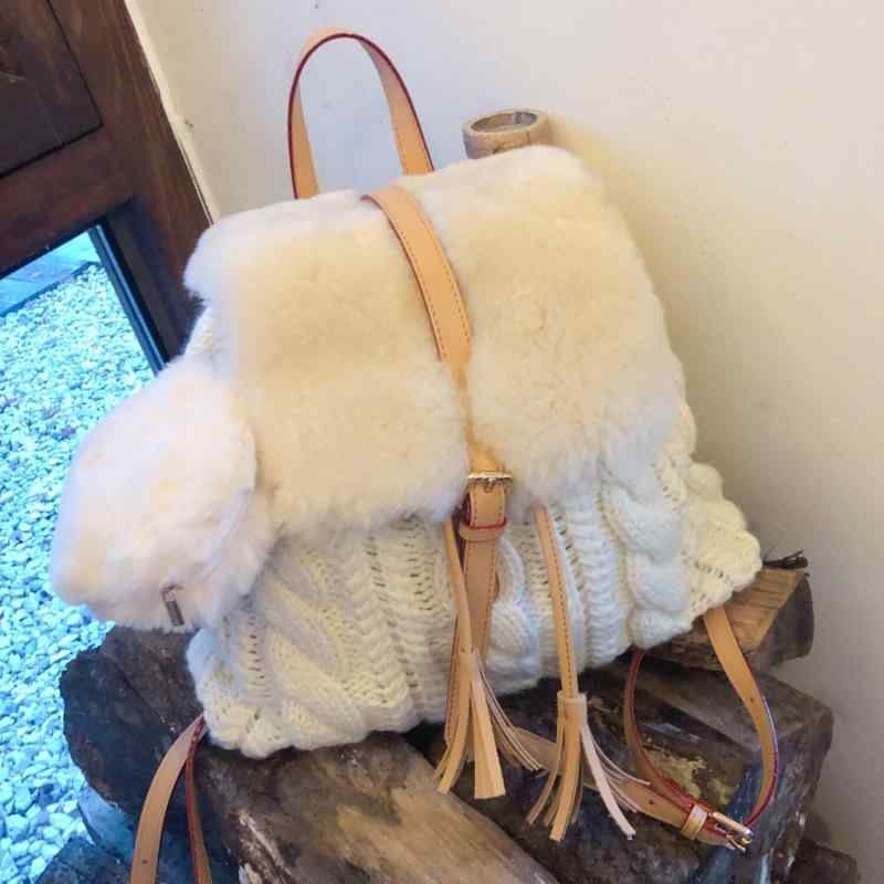 リュックサック レディース ウール ニット 編み込み 巾着 フリンジ ミニ ふわふわ もこもこ カジュアル 普段使い 鞄 秋冬(4.0)