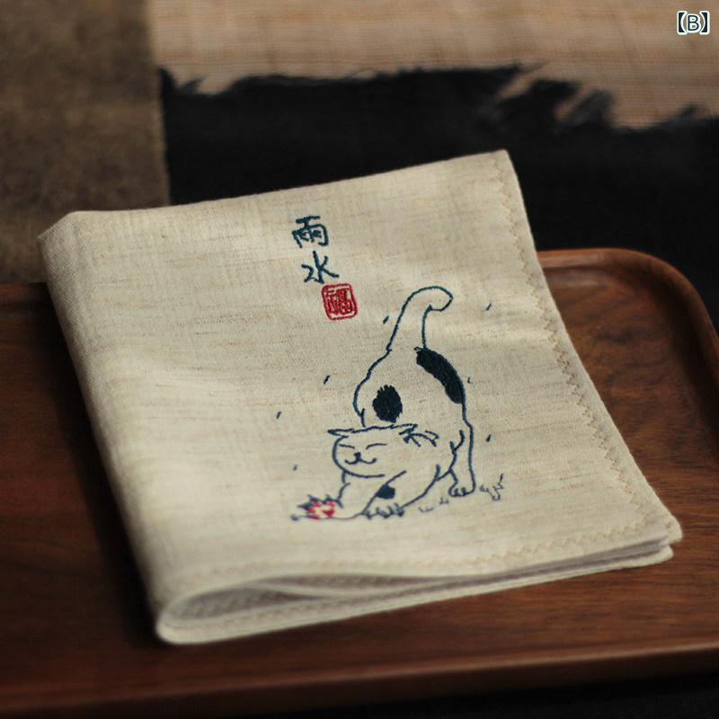 ハンカチ ギフト 手ぬぐい ハンドタオル レディース 猫 刺繍 かわいい 上品 コット...
