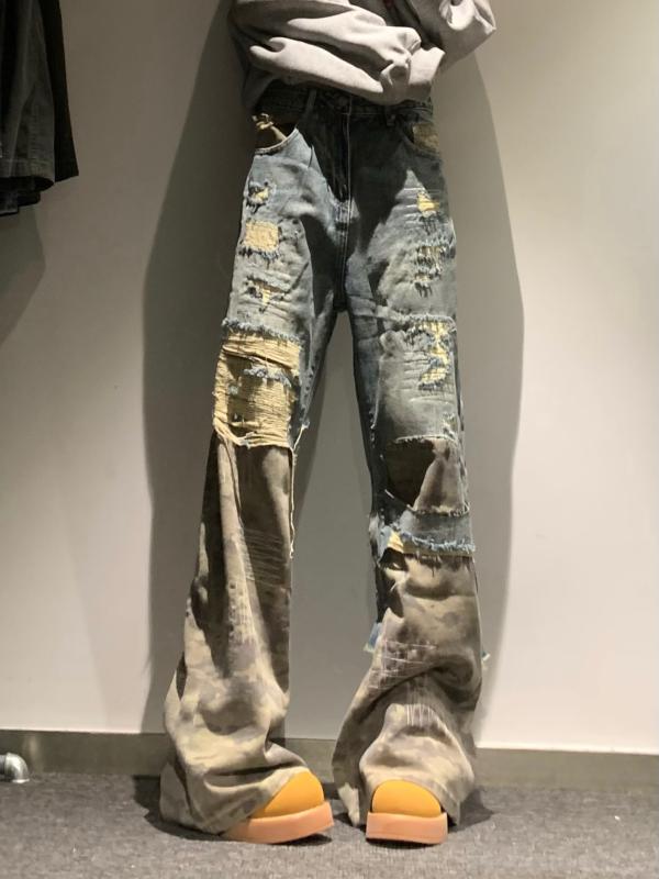 デニムパンツ メンズ 男性用 迷彩 切り替え ダメージ加工 ストリート カジュアル 普段使い ゆったり ルーズ ストレート ミドルウエスト ロングパンツ ブルー(4.0)