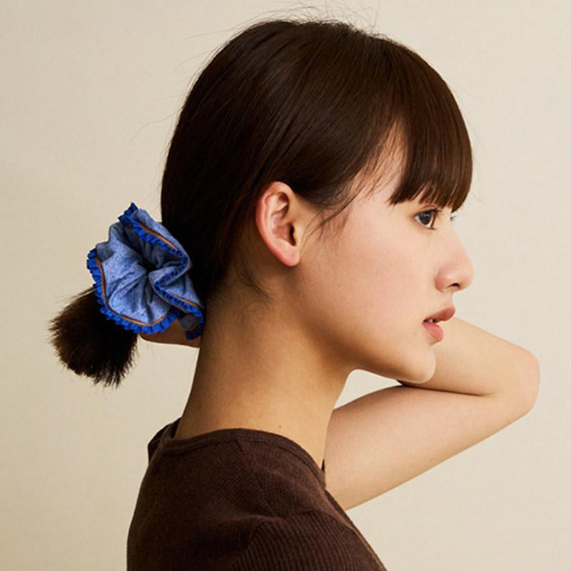 ヘアアクセサリー レース フリル フレンチスタイル 配色切り替え ストライプ シュシュ 髪飾り 大人かわ..