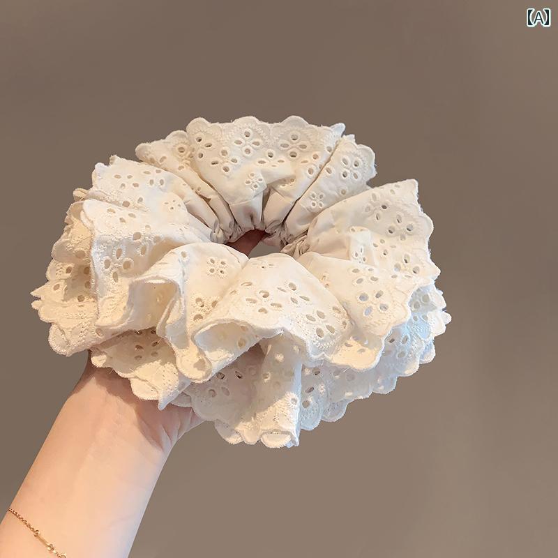 ヘアアクセサリー レディース シュシュ ヘアゴム 髪飾り レースフリル 花モチーフ 布製 ポニーテール まとめ髪 お団子ヘア アップヘア かわいい 華やか 普段使い オフィス アイボリー レッド ブラウン
