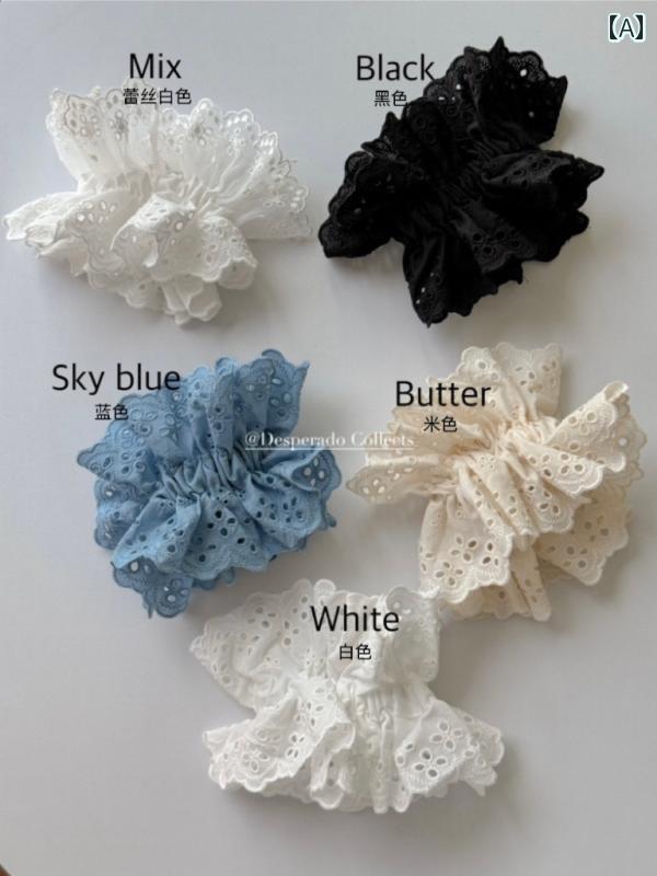 シュシュ レディース 韓国ヘアアクセサリー 透かし レース 刺繍 ダブルレイヤー 布製 ボリューム ヘア..
