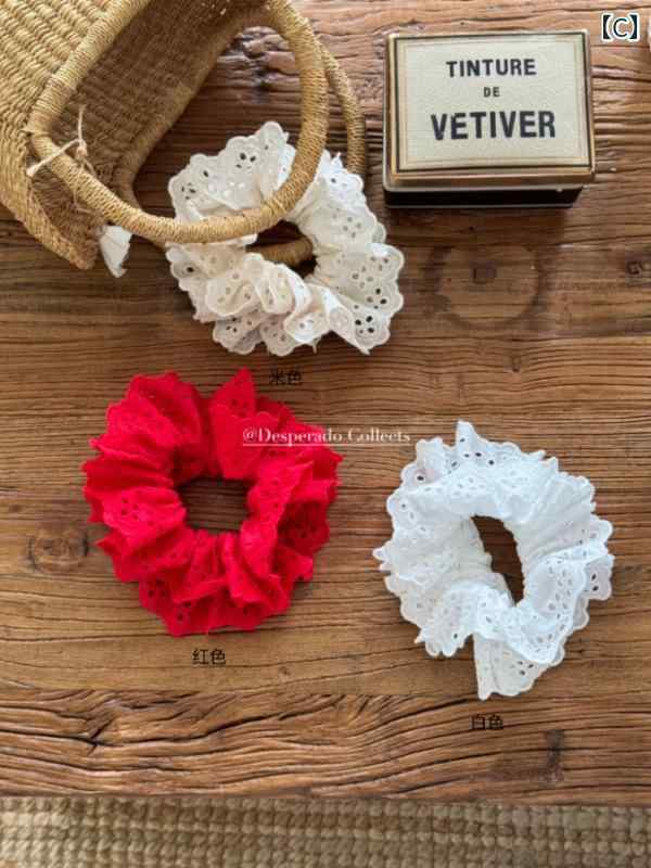 シュシュ レディース 韓国ヘアアクセサリー 透かし レース 刺繍 ダブルレイヤー 布製 ボリューム ヘアゴム 上品 エレガント 普段使い オフィス カジュアル 赤 黒 青