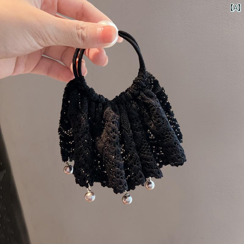 ヘアゴム 黒 レース パール チャーム 韓国スタイル エレガント スウィート おしゃれ 上品 フェミニン ..