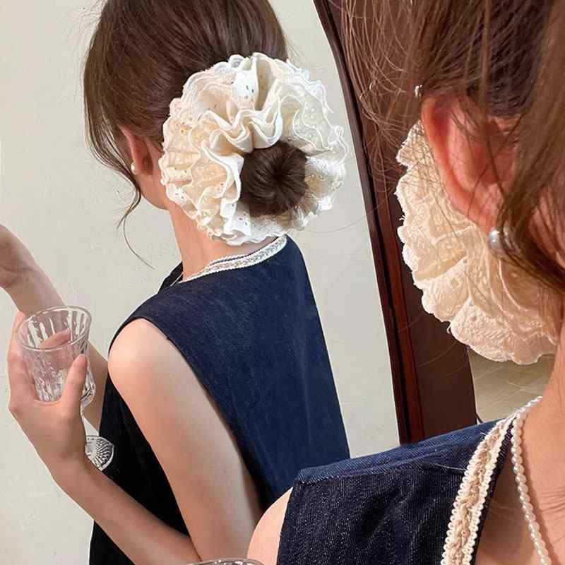 樂天商城 - シュシュ レディース レース 韓国 ヘアアクセサリー 髪飾り ヘアゴム お団子ヘアアレンジ 大きめ 上品 フェミニン アイボリー ホワイト ブラック