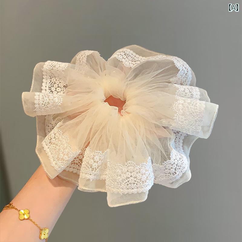 ヘアゴム シュシュ 韓国 上品 繊細 オフホワイト 軽量 メッシュ シアー 刺繍 レース ふわふわ まとめ髪..