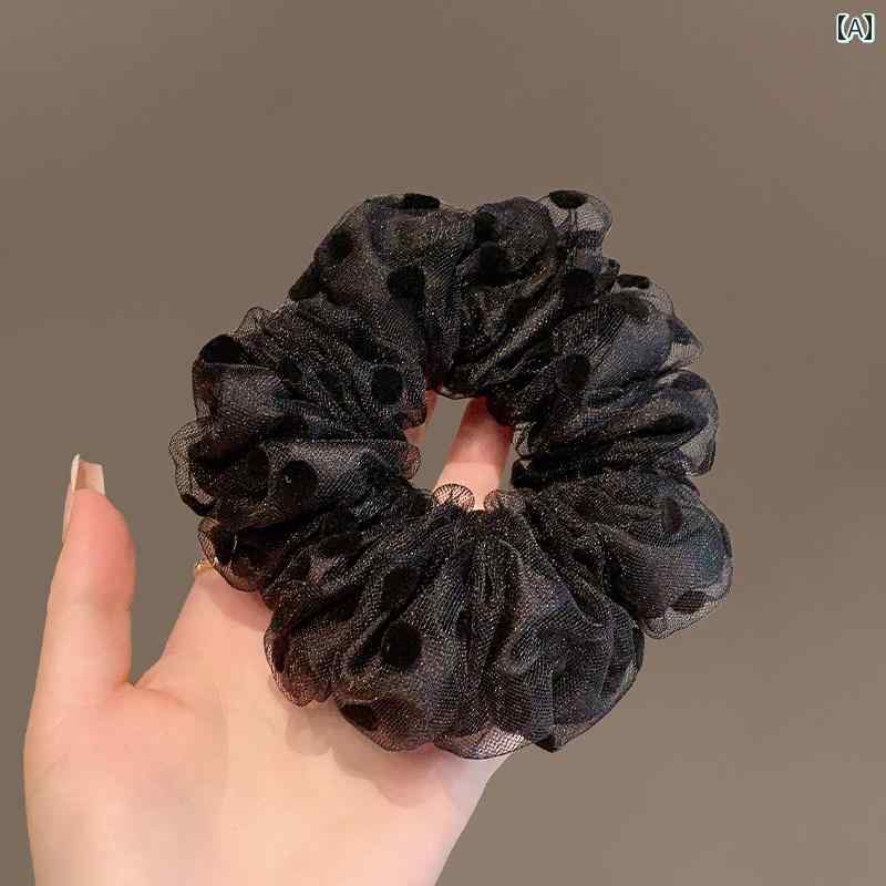 フロントップ楽天市場店のシュシュ 上品 エレガント メッシュ シアー レトロ ドット 水玉 ヘアゴム ヘアタイ 髪飾り お団子ヘア まとめ髪 シンプル 万能 黒 春夏 ヘアアクセサリー｜アングル2