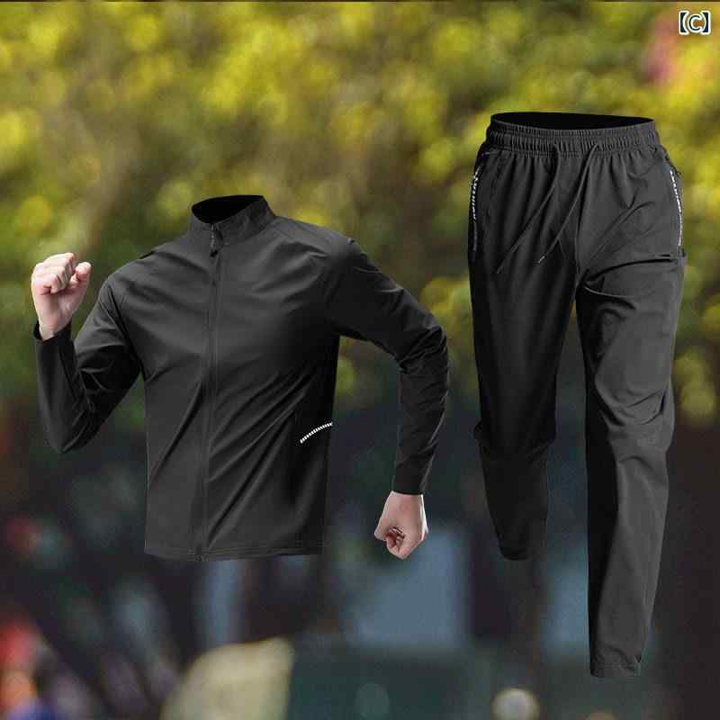 スポーツウェア メンズ 男性用 セットアップ 上下セット 春秋 ランニング トレーニング ジョギング フィットネス 吸湿速乾 通気性 防風 スマホ収納 バックポケット付き ロングパンツ ダークグレー ブラック ネイビー
