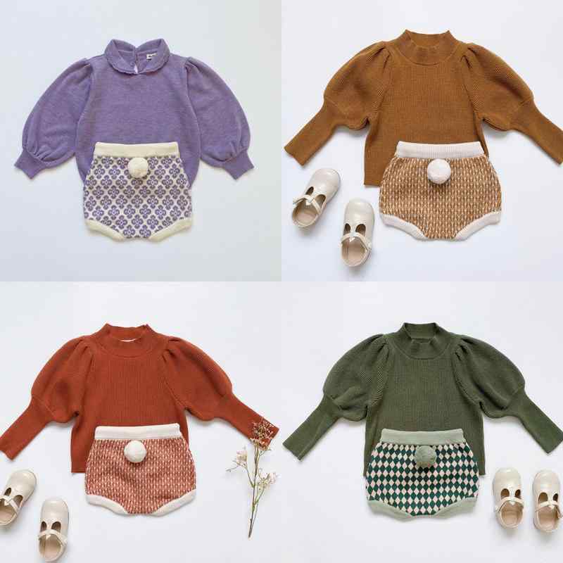 ベビー キッズ 女の子 春秋冬 ニット パフスリーブ セーター 菱形模様 ウール混 コットン かわいい うさぎしっぽ かぼちゃ ショートパンツ マスタード レッド グリーン