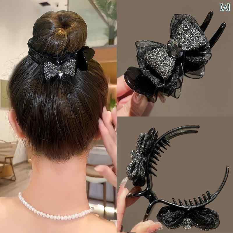 乐天商城 - ヘアクリップ レディース ラインストーン リボン バンスクリップ お団子ヘア ポニーテール まとめ髪 髪留め 後頭部用 髪飾り ブラック モノトーン