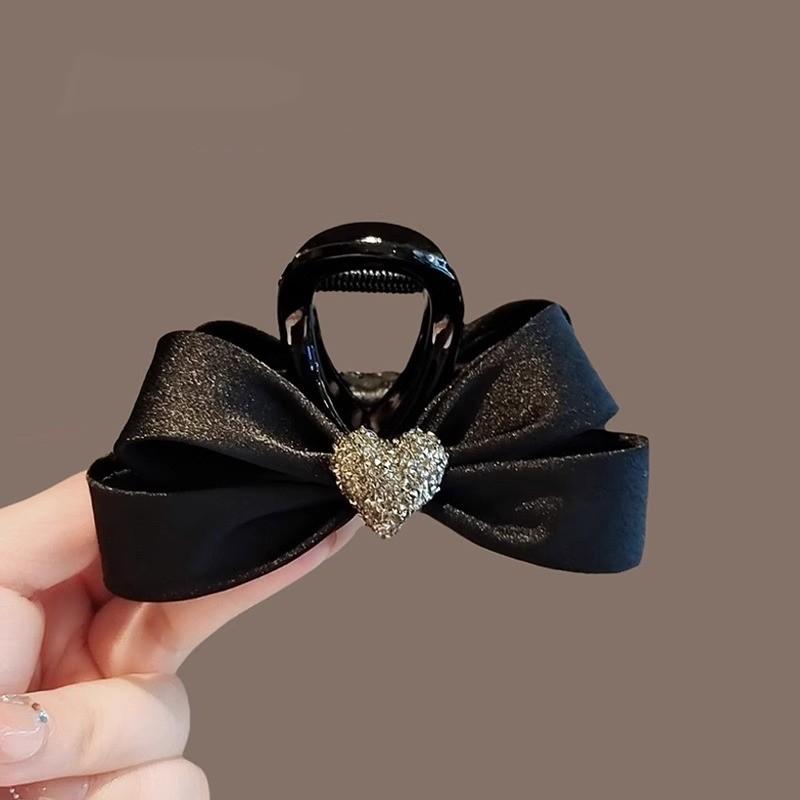 Hair Clips - ヘアクリップ レディース ラインストーン ハート リボン バンスクリップ ポニーテールクリップ まとめ髪 ハーフアップ ヘアアクセサリー ミディアムサイズ 黒