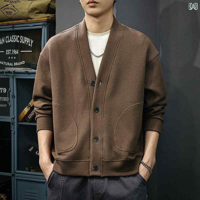 スウェット カーディガン メンズ Vネック ワッフル レトロ ヘビーウェイト ゆったり オーバーサイズ カジュアル 普段使い 長袖 秋冬 綿混 イージーケア 防寒 保温 ストレッチ ポケット ボタン アウトドア タウンユース 通勤 旅行 ロイヤルブルー