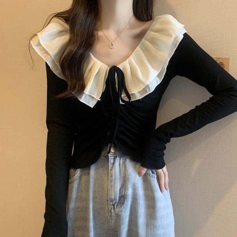 トップス レディース 大きいサイズ フレンチ ドールカラー 長袖 Tシャツ ブラウス ぽっちゃり 着痩せ 体型カバー ウエストマーク フリル袖 秋 ゆったり きれいめ カジュアル 黒 杏色